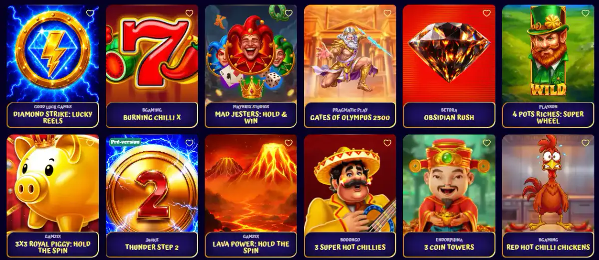 Catalogus van gokkasten bij Spingranny, met onder meer Diamond Strike, Gates of Olympus 2500, Burning Chilli X en andere spellen