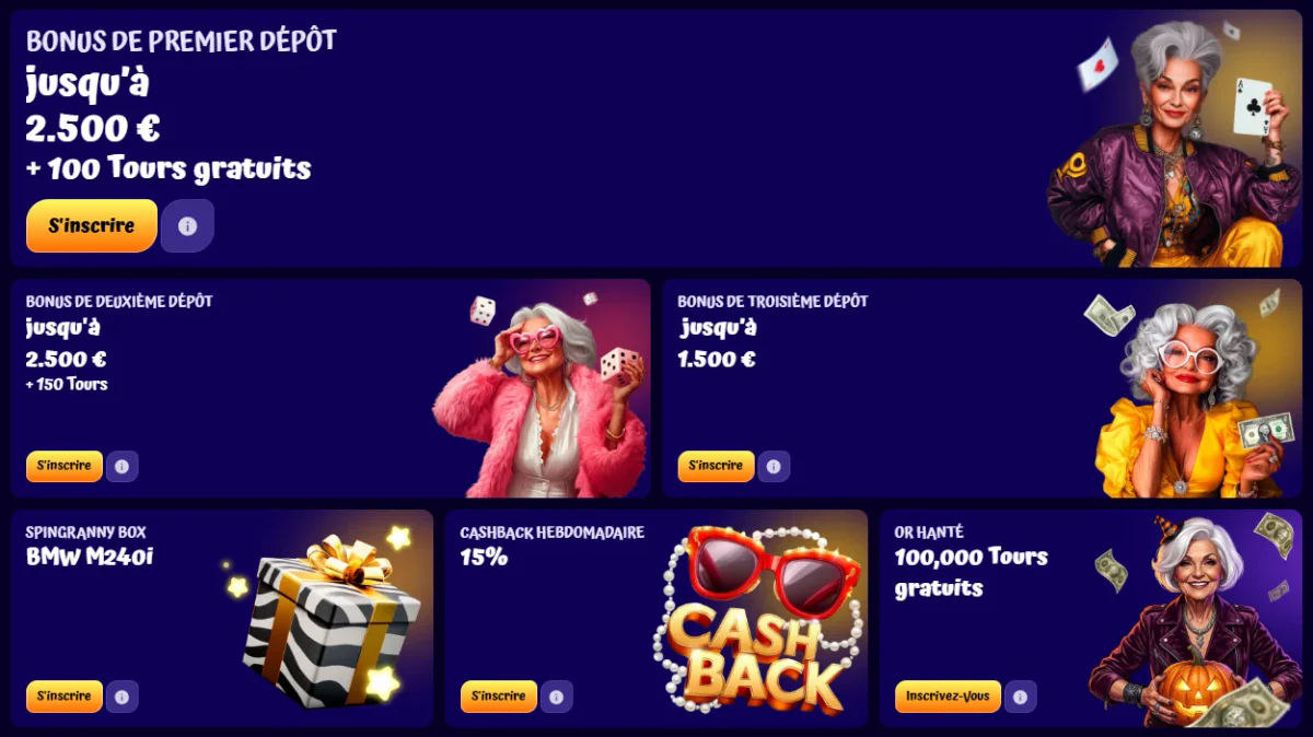 Promotionele aanbiedingen van Spingranny, waaronder stortingsbonussen, gratis spins, wekelijkse cashback en beloningen